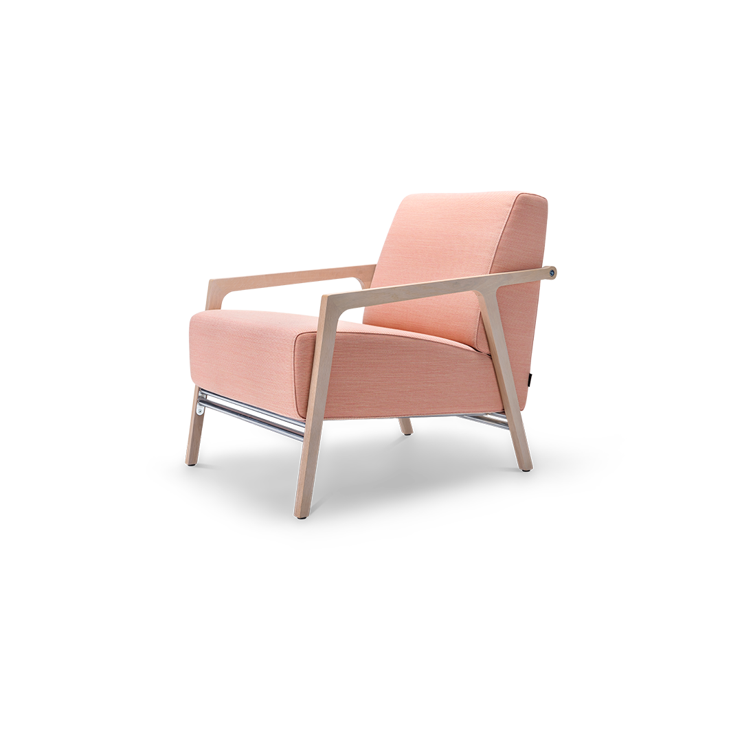 Harvink fauteuil Splinter in stof Steelcut Trio roze met frame in eiken wit gebeitst en geschuurd chroom